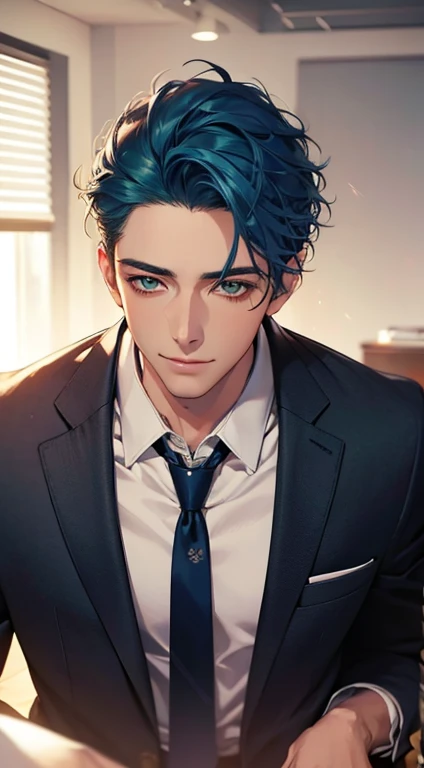 (Highest quality,4K,8K,High resolution,masterpiece:1.2),Super detailed,(Realistic,photoRealistic,photo-Realistic:1.37),1 person,34 years old,Mature Men,Beautiful skin、very handsome,Expressionless smile in love,Short blue hair,green eyes,Sharp Eyes,A perfect face without a doubt,Businessman, CEO, Office Background,Cinema Lighting,HDR image,tie、