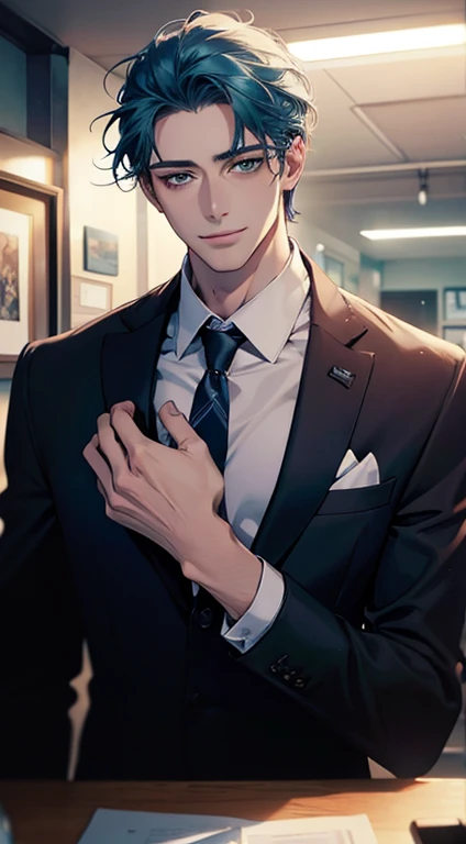 (Highest quality,4K,8K,High resolution,masterpiece:1.2),Super detailed,(Realistic,photoRealistic,photo-Realistic:1.37),1 person,34 years old,Mature Men,Beautiful skin、very handsome,Expressionless smile in love,Short blue hair,green eyes,Sharp Eyes,A perfect face without a doubt,Businessman, CEO, Office Background,Cinema Lighting,HDR image,tie、