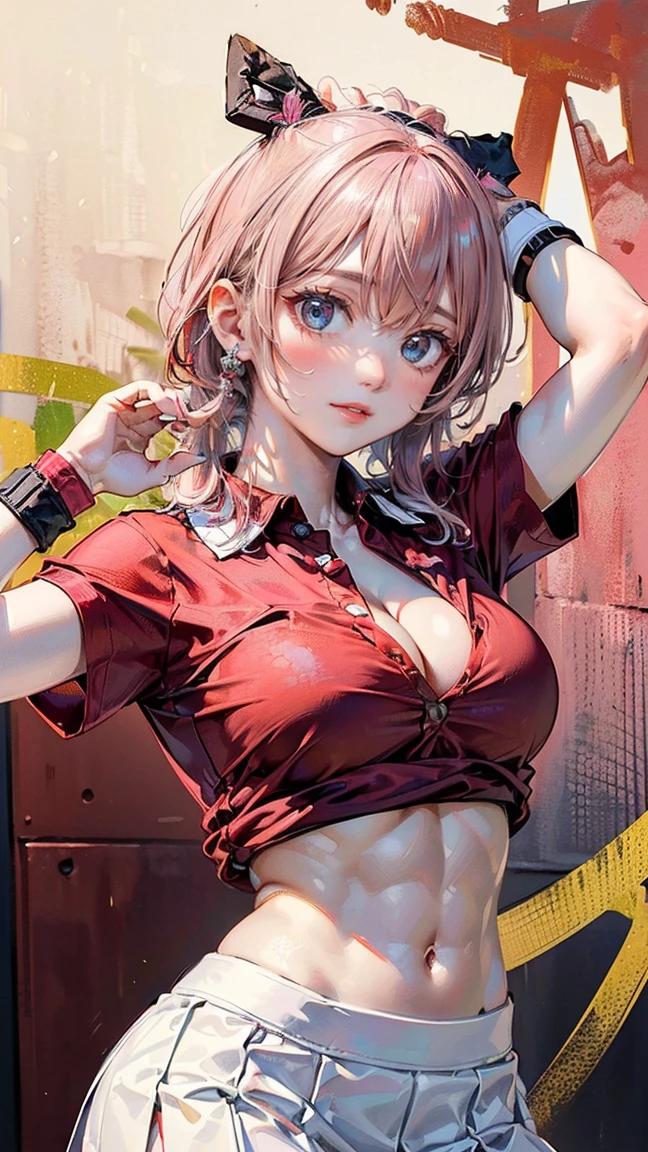 ((Highest quality, 8k, masterpiece :1.3)), (Sharp focus :1.2, Beautiful woman with perfect figure :1.4, Slim Abs :1.2), ((Big Breasts, Emphasize cleavage, The underboob is visible:1.3)), (Photorealistic:1.4), (realistic:1.4), (Pink Hair:1.5), Highly detailed face and skin texture, Fine grain, double eyelid. Makeup face, A little bit of lipstick, sex appeal, Sexy gravure pose, ((Red polo shirt and white skirt。The background is the school ground、An energetic pose。Accessory: sporty wristband。:1.3)