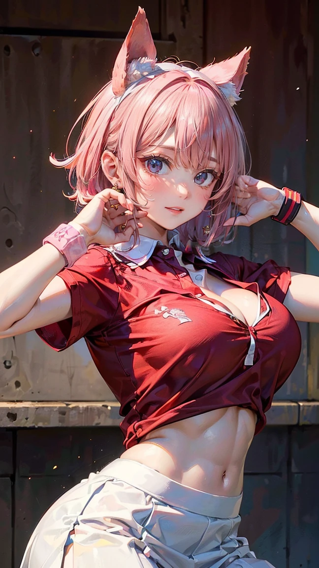 ((Highest quality, 8k, masterpiece :1.3)), (Sharp focus :1.2, Beautiful woman with perfect figure :1.4, Slim Abs :1.2), ((Big Breasts, Emphasize cleavage, The underboob is visible:1.3)), (Photorealistic:1.4), (realistic:1.4), (Pink Hair:1.5), Highly detailed face and skin texture, Fine grain, double eyelid. Makeup face, A little bit of lipstick, sex appeal, Sexy gravure pose, ((Red polo shirt and white skirt。The background is the school ground、An energetic pose。Accessory: sporty wristband。:1.3)