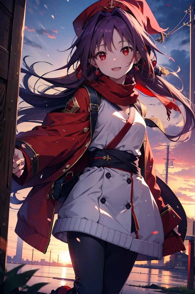 yuukikonno, Konno Yuuki, Long Hair, Pointed Ears, Purple Hair, (Red eyes:1.5), (Small breasts:1.2), Open your mouth,happy smile, smile, Open your mouth,Knitted hat,Red Scarf,Purple long coat,V-neck sweater,Skinny jeans,short boots,It&#39;s snowing,Snow is falling,winter,Cold night,Walking,whole bodyがイラストに入るように,
break looking at viewer,  whole body,
break outdoors, In town,
break (masterpiece:1.2), Highest quality, High resolution, unity 8k wallpaper, (figure:0.8), (Beautiful attention to detail:1.6), Highly detailed face, Perfect lighting, Highly detailed CG, (Perfect hands, Perfect Anatomy),