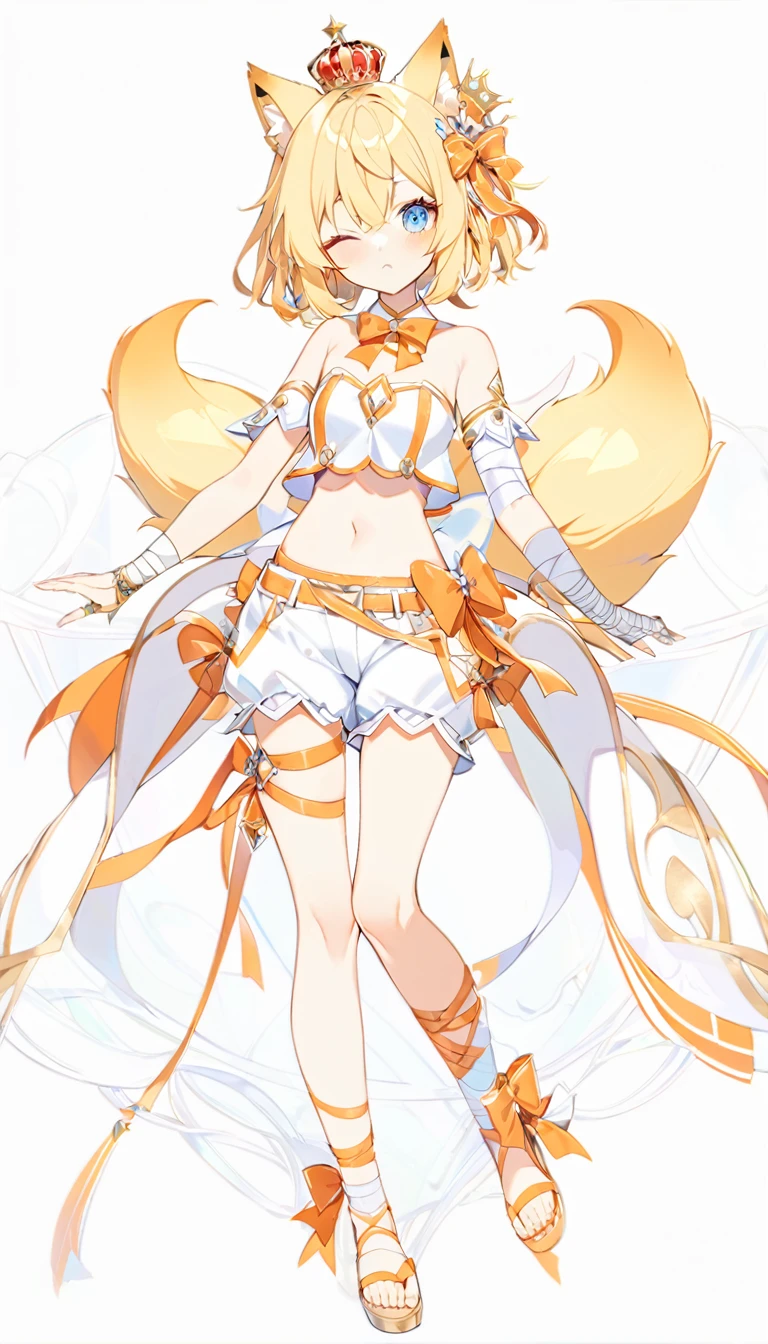 1girl, bare shoulders, bow, crop top, detached collar, , frills, , orange bow, orange bowtie, orange ribbon, , strapless,one eye is blue the other is yellow,, bloomers, frills, lace, midriff, , bandaged arm, bandaged hand, bandages, short yellow hair, a crown with an orange diamond on the back of the head, two small tails on the sides heads,  fox ears,orange round diamond on bangs,knee , ankle lace-up, ankle ribbon, bow, leg ribbon, lineart, sandalsfluffy tailLovely eyesall-white clothes, shorts