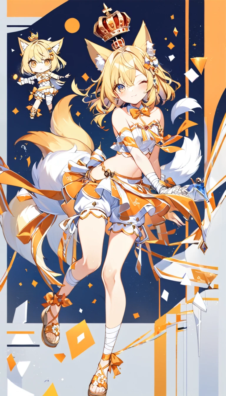 1girl, bare shoulders, bow, crop top, detached collar, , frills, , orange bow, orange bowtie, orange ribbon, , strapless,one eye is blue the other is yellow,, bloomers, frills, lace, midriff, , bandaged arm, bandaged hand, bandages, short yellow hair, a crown with an orange diamond on the back of the head, two small tails on the sides heads, fox ears,orange round diamond on bangs,knee , ankle lace-up, ankle ribbon, bow, leg ribbon, lineart, sandalsfluffy tailLovely eyesall-white clothes, shorts