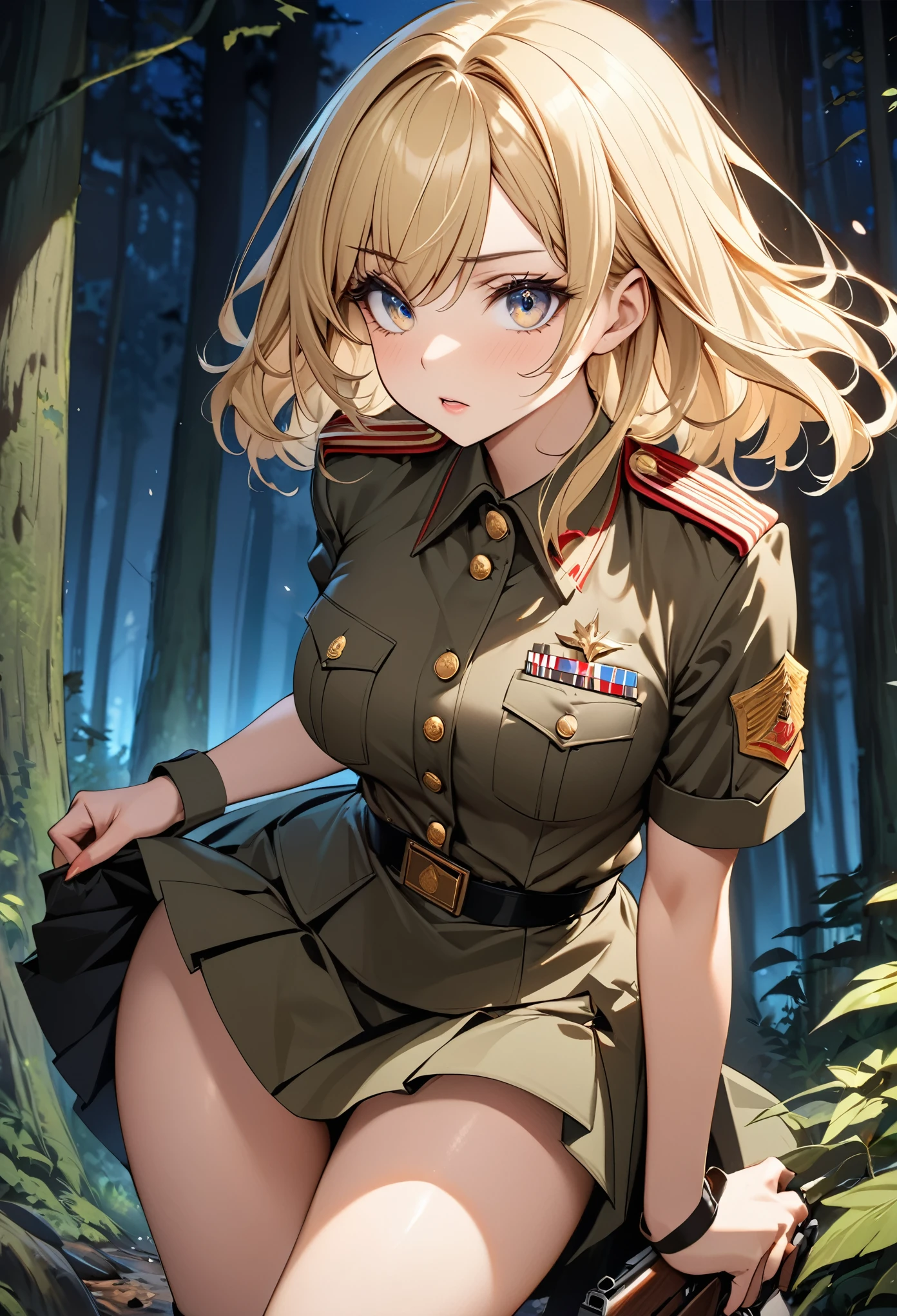 masterpiece,Highest quality,１６K,Beautiful with attention to detail,Incredibly absurd,Blonde Hair,Shortcuts,Beautiful face,Beautiful eyes with attention to detail,Wearing a brown military uniform,skirt,From the thigh up,Ready your gun?,Night Forest
