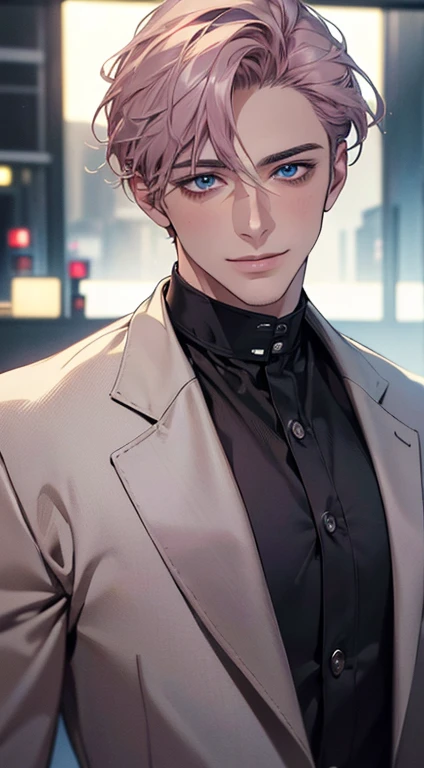 (best quality,4k,8k,highres,masterpiece:1.2),ultra-detailed,(realistic,photorealistic,photo-realistic:1.37),cinematic lighting,1:4 hdr image,a mature man, 29 years old,very handsome,cold expression smile in love, short grey pink hair,blue eyes,flawless face,buttoning his jacket,CEO