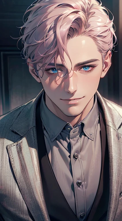 (best quality,4k,8k,highres,masterpiece:1.2),ultra-detailed,(realistic,photorealistic,photo-realistic:1.37),cinematic lighting,1:4 hdr image,a mature man, 29 years old,very handsome,cold expression smile in love, short grey pink hair,blue eyes,flawless face,buttoning his jacket,CEO