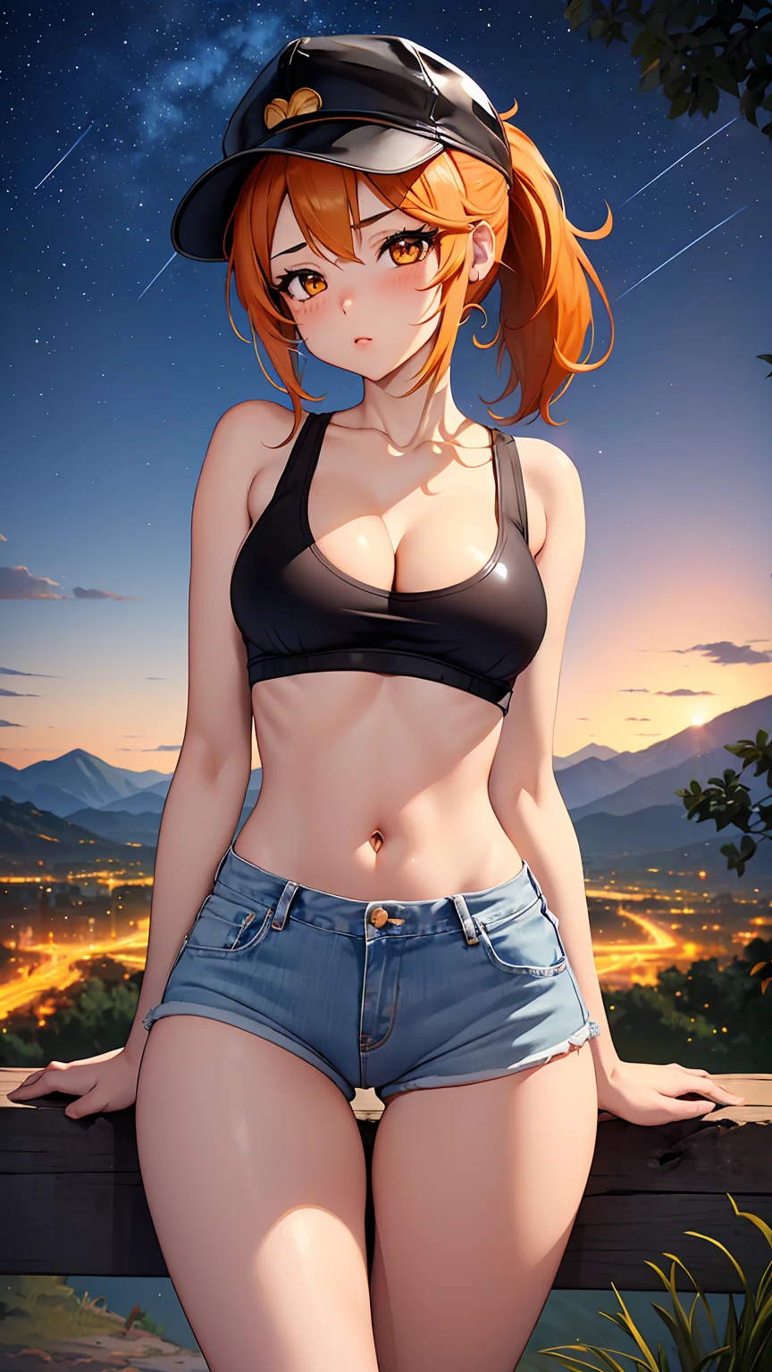 1girl, anime girl, anime, girl, 2d girl, 16y, (fullbody), standing, golden eyes, blowing kiss, blush, white hat, (short hair, ponytail, orange hair), ((black latex tank top, cleavage, areolae, areola, areola exposed)), Solo, Slim, medium breasts, medium ,medium Breasts, sfw, Tight Shorts, low waist shorts, upshorts, night flat terrain with mountains in the background, fireflies (stars in the sky), looking at viewer, darker shadows, (((explicit))), (((shorts))), (((absurdres))), (((thigh gap))), cameltoe, (((cameltoe))), (((cleft of venus))), (((lowleg shorts))),