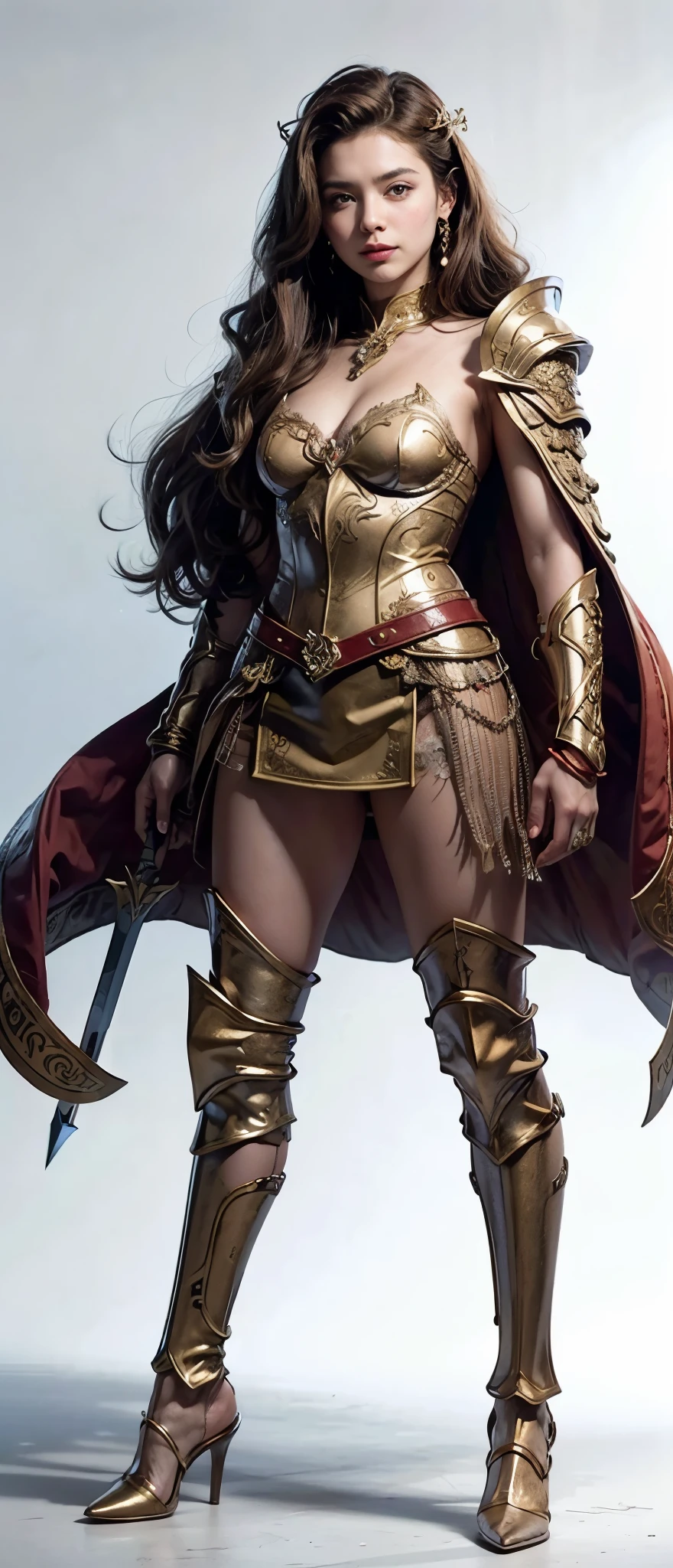 a cartoon of a woman in a white dress and red cape holding a sword, she-ra, she - ra, girl of the zodiac knights, modern portrait of darna, intergalactic princess, the sailor of the galaxy. comely, the princess of power, the goddess Artemis smiling, Cory Chase como Atlante, also known as artemis, o selene, (full body standing image:1.8)