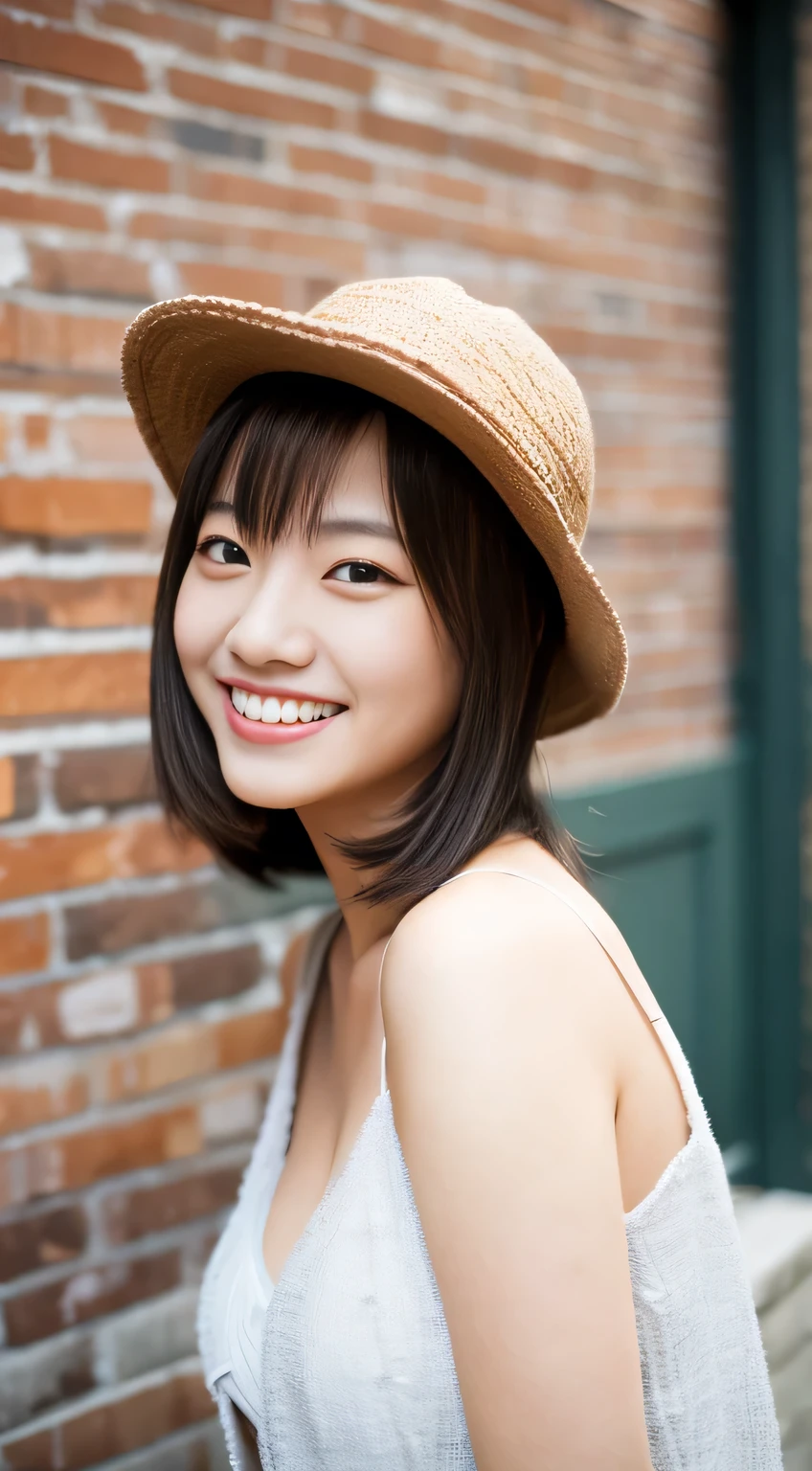 masterpiece,best quality,(Japanese ),((Beautiful girl)),cleavage,(perfect body beauty:1.2),(shy smile),beautiful teeth,(Blurred background of brick buildings),(hat),