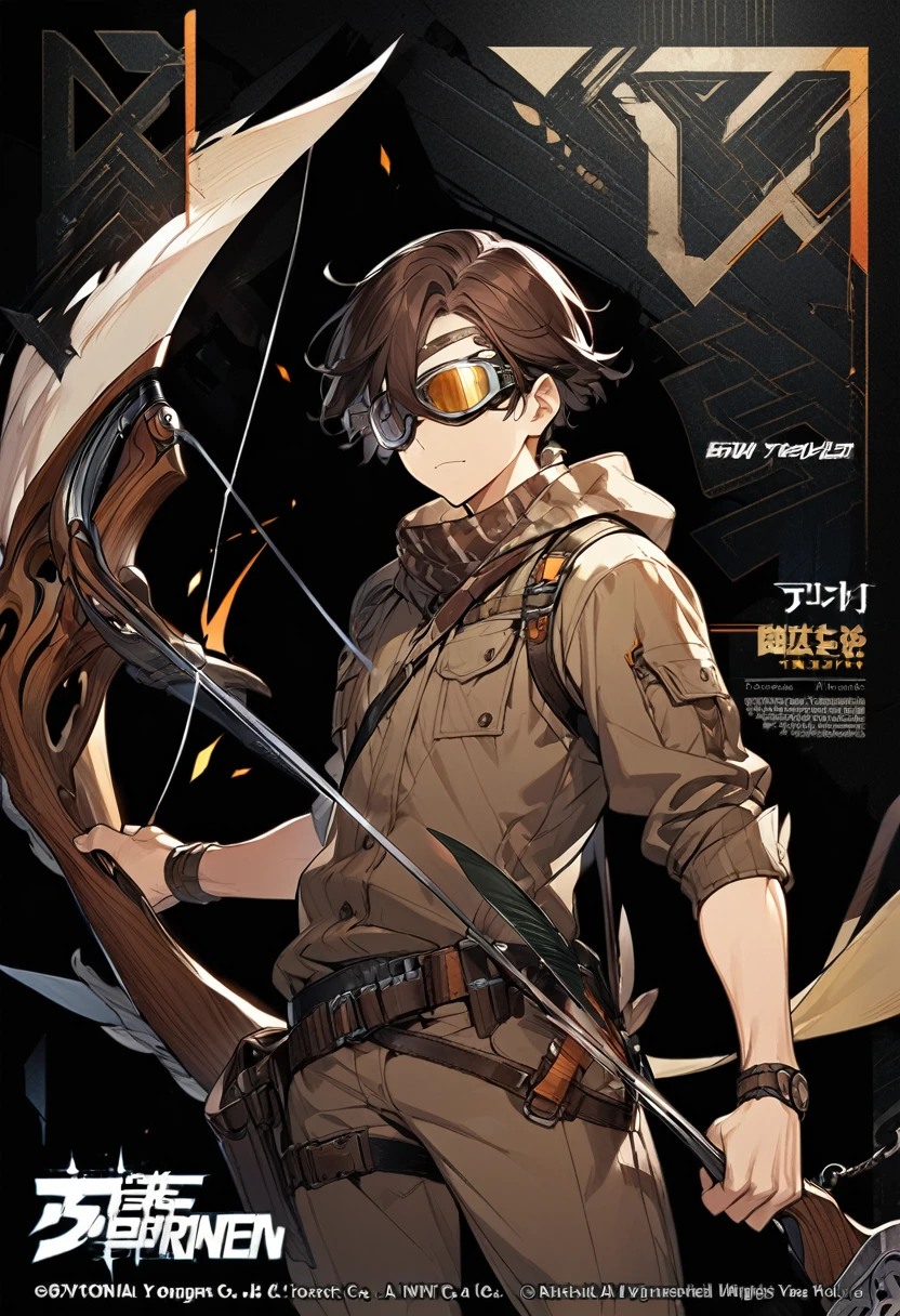 1man,official art, black background,cowboy shot, short hair, dark brown hair,  hunter, hold a bow, brown mask,   put goggles on your eyes