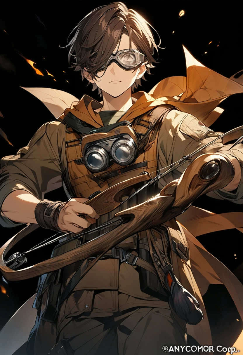 1man,official art, black background,cowboy shot, short hair, dark brown hair,  hunter, hold a bow, brown mask,   put goggles on your eyes