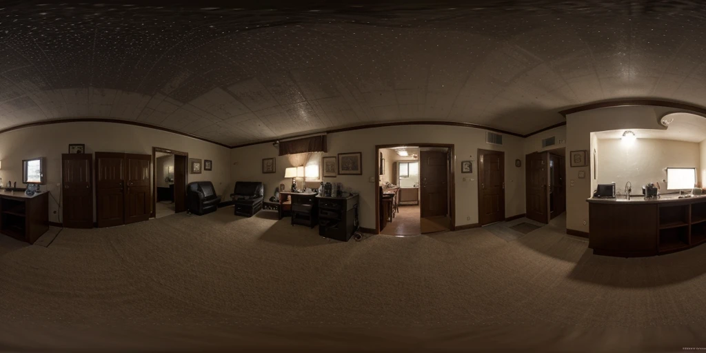 Equirectangular 360-degree panorama view photo with left and right ends seamlessly connected. haunted lightless room, unlit, night