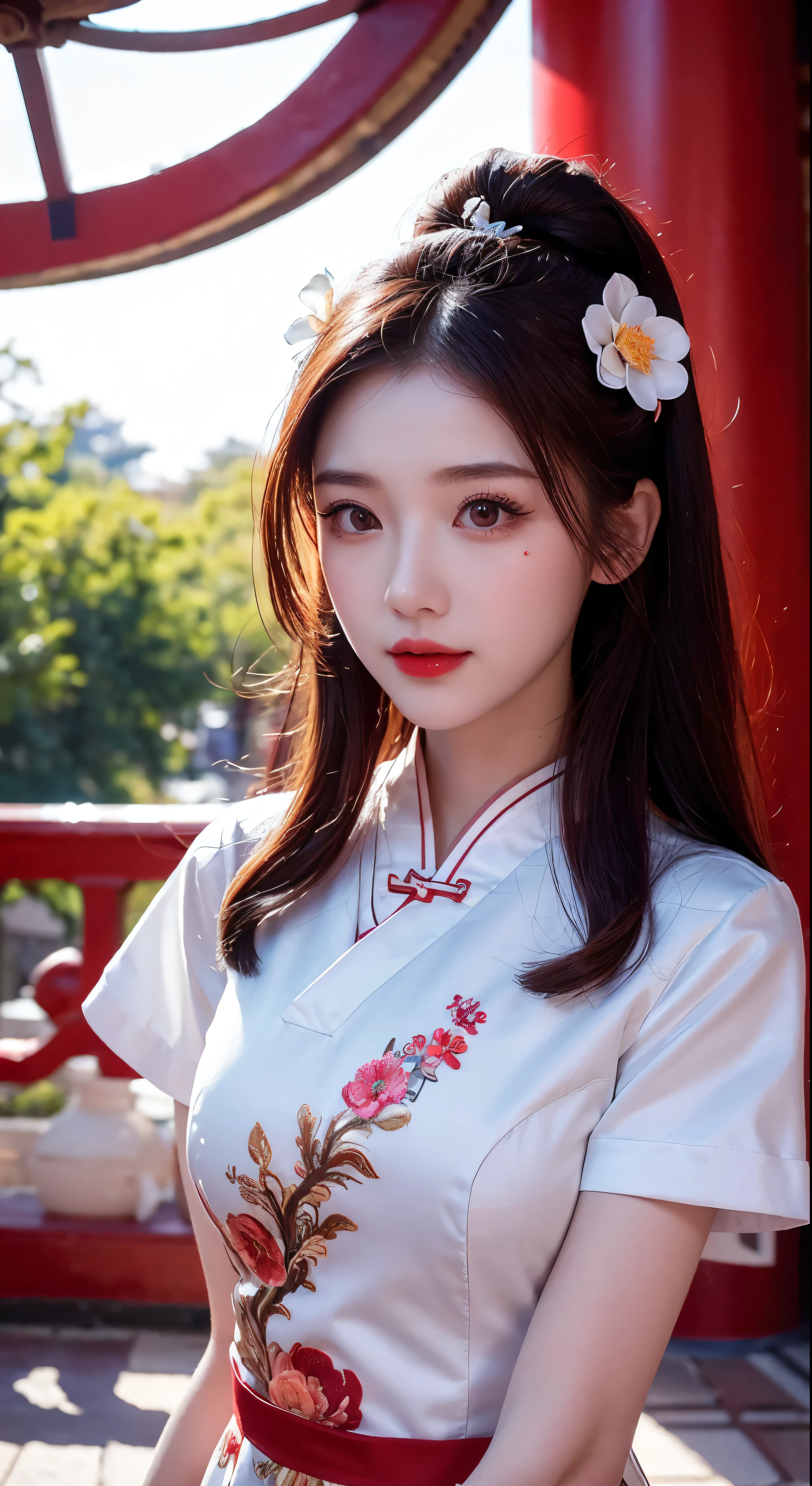 with high definition images，1girl,Upper Body,Facigirl,China dress,Chinese clothing,Hair Flower,(Masterpiece:1.4),(Highest quality:1.4),(Facial details),Red lips,Beholder's Perspective,Chestnut Hair，Parted lips，In the temple grounds。Bright sunshine