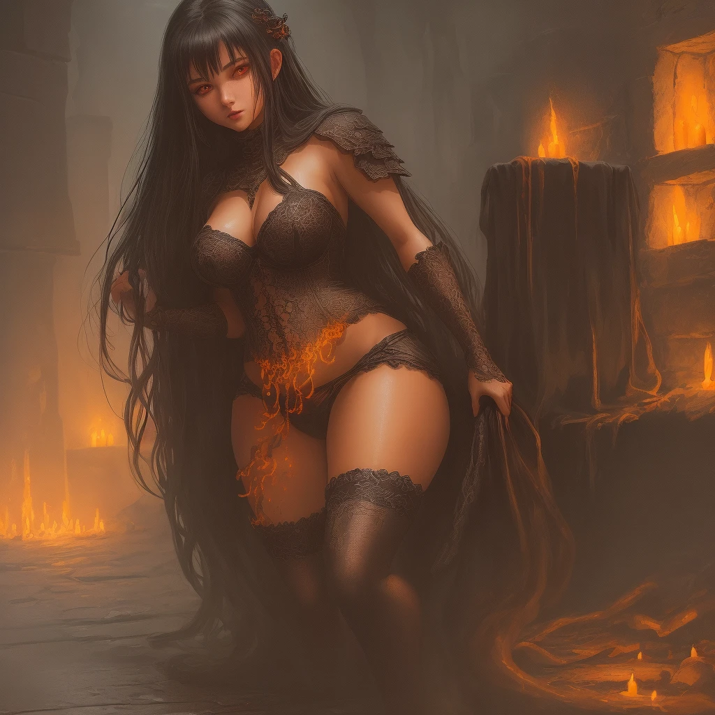 dark and damp dungeon, stone walls and floor, dimly lit, beautiful young women, curvy figure, long silky black hair, bright orange eyes, wearing orange lace lingerie, a mass of orange tentacles, extremely detailed