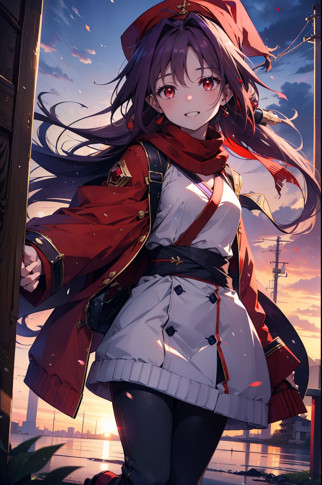 yuukikonno, Konno Yuuki, Long Hair, Pointed Ears, Purple Hair, (Red eyes:1.5), (Small breasts:1.2), Open your mouth,happy smile, smile, Open your mouth,Knitted hat,Red Scarf,Purple long coat,V-neck sweater,Skinny jeans,short boots,It's snowing,Snow is falling,winter,Cold night,Walking,whole bodyがイラストに入るように,
break looking at viewer, whole body,
break outdoors, In town,
break (masterpiece:1.2), Highest quality, High resolution, unity 8k wallpaper, (figure:0.8), (Beautiful attention to detail:1.6), Highly detailed face, Perfect lighting, Highly detailed CG, (Perfect hands, Perfect Anatomy),