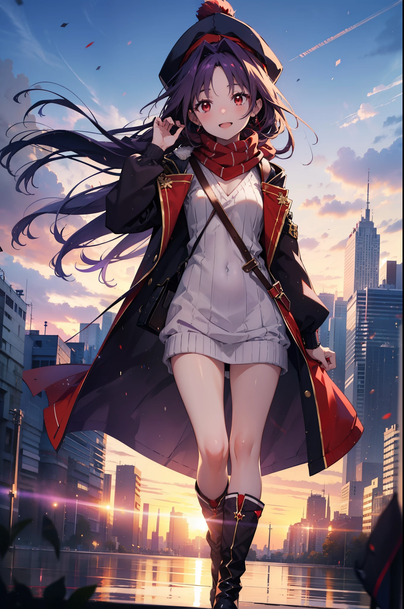 yuukikonno, Konno Yuuki, Long Hair, Pointed Ears, Purple Hair, (Red eyes:1.5), (Small breasts:1.2), Open your mouth,happy smile, smile, Open your mouth,Knitted hat,Red Scarf,Purple long coat,V-neck sweater,Skinny jeans,short boots,It&#39;s snowing,Snow is falling,winter,Cold night,Walking,whole bodyがイラストに入るように,
break looking at viewer,  whole body,
break outdoors, In town,
break (masterpiece:1.2), Highest quality, High resolution, unity 8k wallpaper, (figure:0.8), (Beautiful attention to detail:1.6), Highly detailed face, Perfect lighting, Highly detailed CG, (Perfect hands, Perfect Anatomy),
