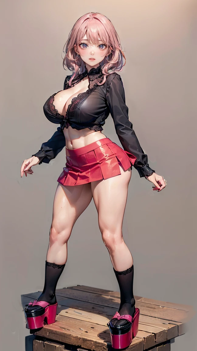 ((Highest quality, 8k, masterpiece :1.3)), (Sharp focus :1.2, Beautiful woman with perfect figure :1.4, Slim Abs :1.2), ((Big Breasts, Emphasize cleavage, The underboob is visible:1.3)), (Photorealistic:1.4), (realistic:1.4), (Pink Hair:1.5), Highly detailed face and skin texture, Fine grain, double eyelid. Makeup face, A little bit of lipstick, sex appeal, Sexy gravure pose, ((Black lace blouse and red tight skirt。The background is the platform of the station、She's on her way home。Accessorize with chic earrings。:1.3)