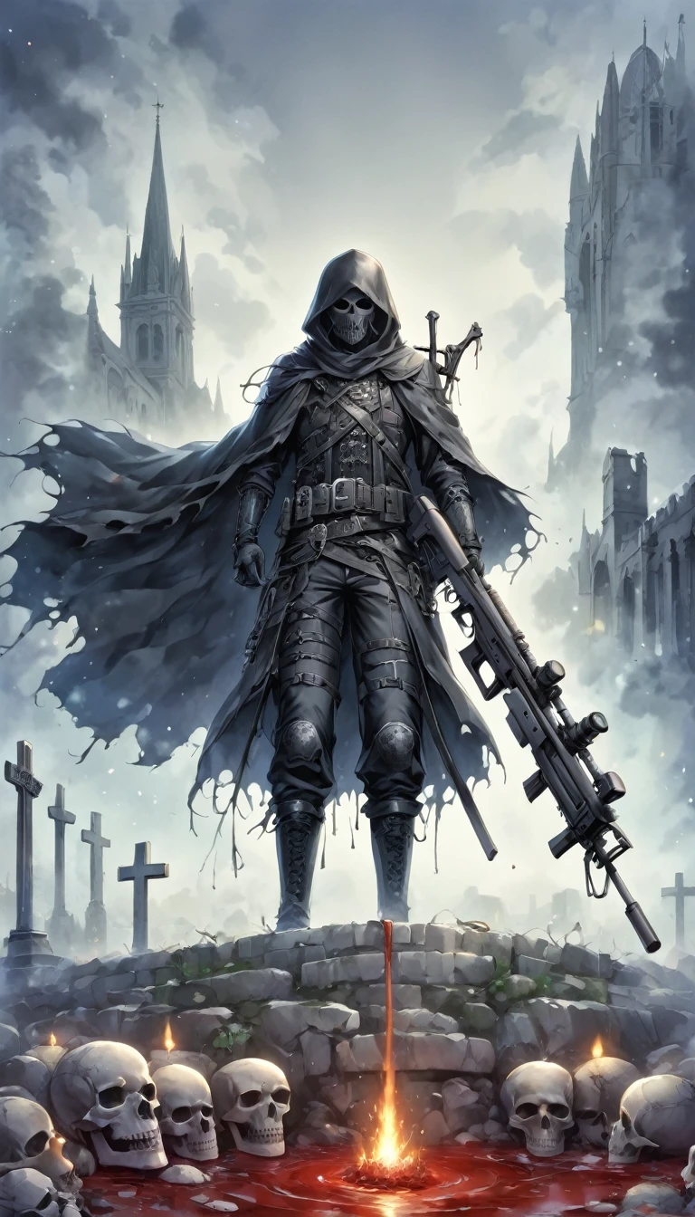 (Messenger from hell:1.4),Grim sniper holding a huge sniper rifle,Viewpoint from below,hell,magma,flame,(紫色flame:1.3),There is fresh Blood on the ground,Blood pool,dripping Blood,Gothic aesthetics,one、Rose、castle、cross、Blood、Cemetery, ETC...,这些元素体现了Gothic style的神秘感、solemn、Deep Functionality。Gothic style,Gothic style,about,cloak、象征浪漫的Rose、grave、Reaper、ruins、Gothic Cathedral, ETC.,Common elements of Gothic symbols。