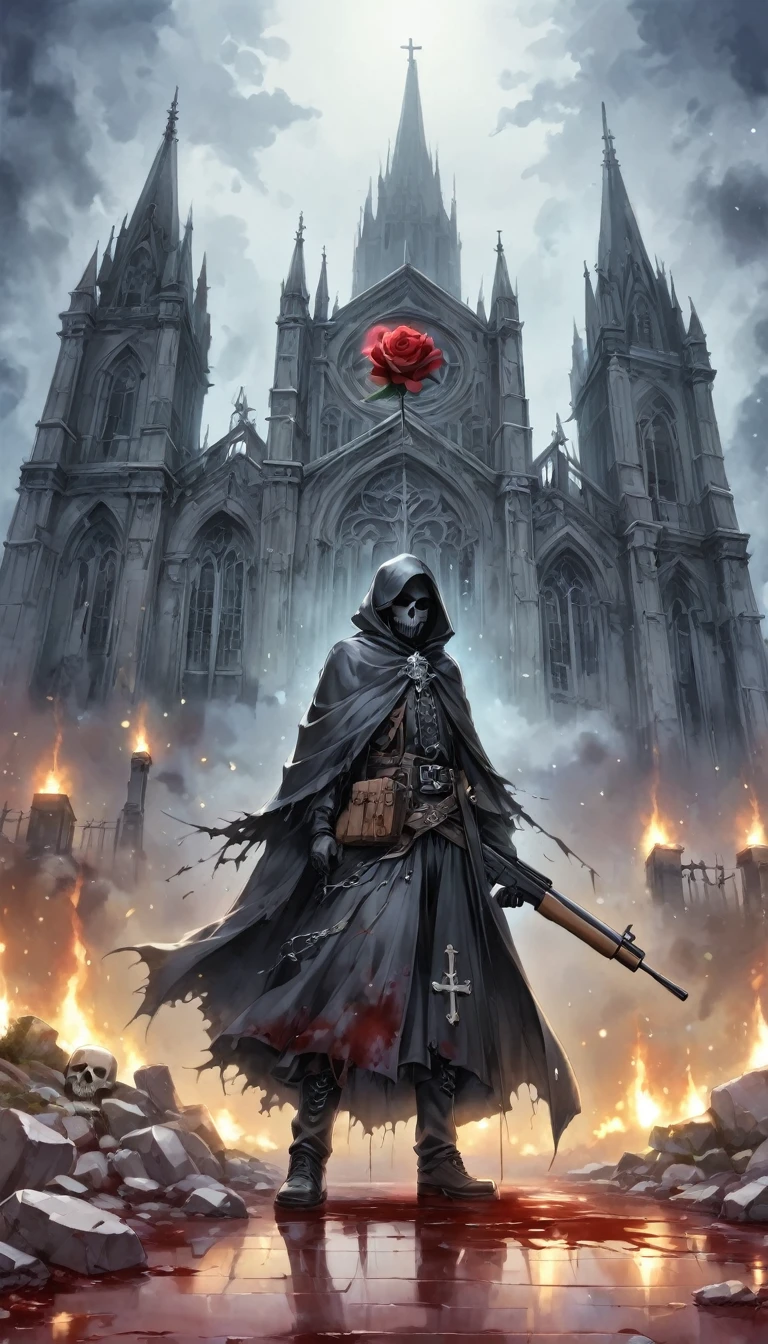 （Messenger from hell：1.4），Grim sniper holding a huge sniper rifle，Viewpoint from below，hell，magma，flame，（紫色flame：1.3），There is fresh Blood on the ground，Blood pool，dripping Blood，Gothic aesthetics,one、Rose、castle、cross、Blood、Cemetery, ETC...，这些元素体现了Gothic style的神秘感、solemn、Deep Functionality。Gothic style，Gothic style，about，cloak、象征浪漫的Rose、grave、Reaper、ruins、Gothic Cathedral, ETC.,Common elements of Gothic symbols。