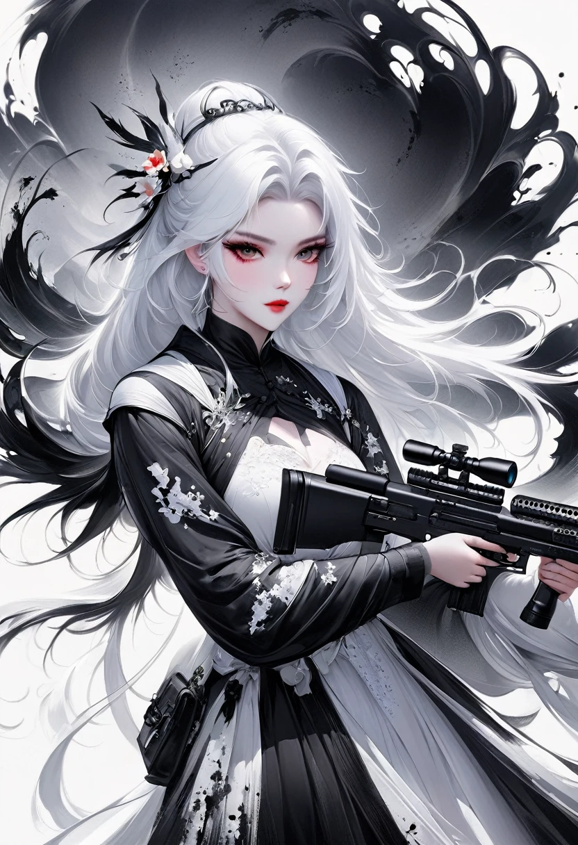 (Lots of white space:1.5)，(Lots of white space around:1.6), White background, simple, Minimalism, Abstract,Mode，Aesthetic，black and white，Ink Painting，，a mountain，Sniper rifle from a distance，Grab it with both hands，Shooting action，一幅Abstract的艺术插图, author：Li Song, Arte no estilo de Gu Weiss, Shin Jin Hye, Obra-prima de Gu Weiss, Ross Figure 1. 0, Beautiful digital illustrations, Inspired by Non-WLOP, simple數位藝術, jingna zhang, Gu Weiss, Stunning digital illustrations