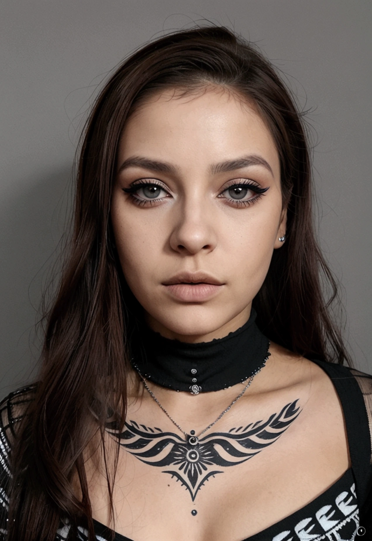 un contact visuel d'une femme latina, sceptique, compliqué, eye-liner graphique, matte Lèvrestick, surexposé, sourcils fins, Lèvres, indietronique, éclairage des silhouettes, filtre grunge désaturé