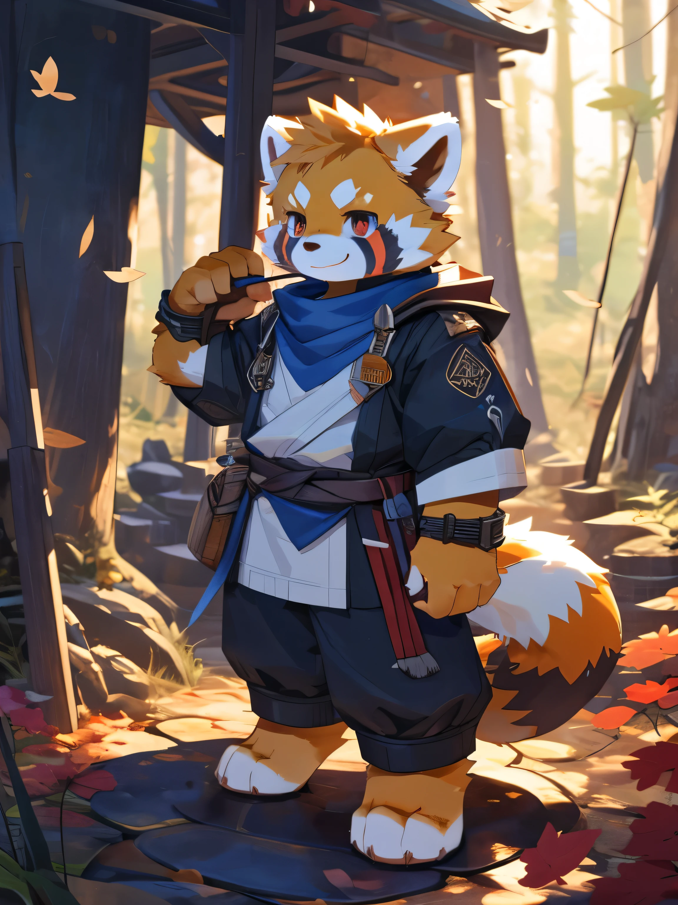 nj5furry,kemono,full-length portrait,anthro,hi res,male,youth,Red Panda,strong,Adventurer,Fluffy hair,White plush paw,A tail,Delicate eyes,Detailed eyes
