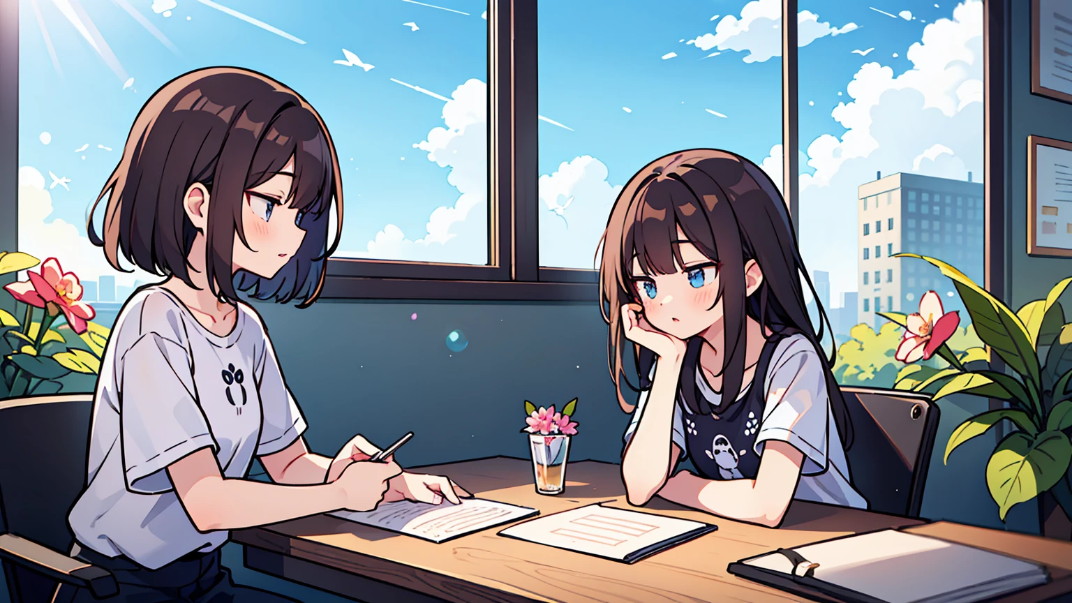 (masterpiece, best quality),2 women, different hair colors, different faces, flower, long hair, outdoors, letterboxed, , afternoon, sky, looking for, short sleeve, chapped lips, cloud, black hair, sunlight, casual attire, whole body, from the side, pink flower, treasury, brown hair, blue sky, depth of field ,A huge aquarium outside the glass window, In a spacious café, study at desk,My eyes are on the note, together, stylish outfit,