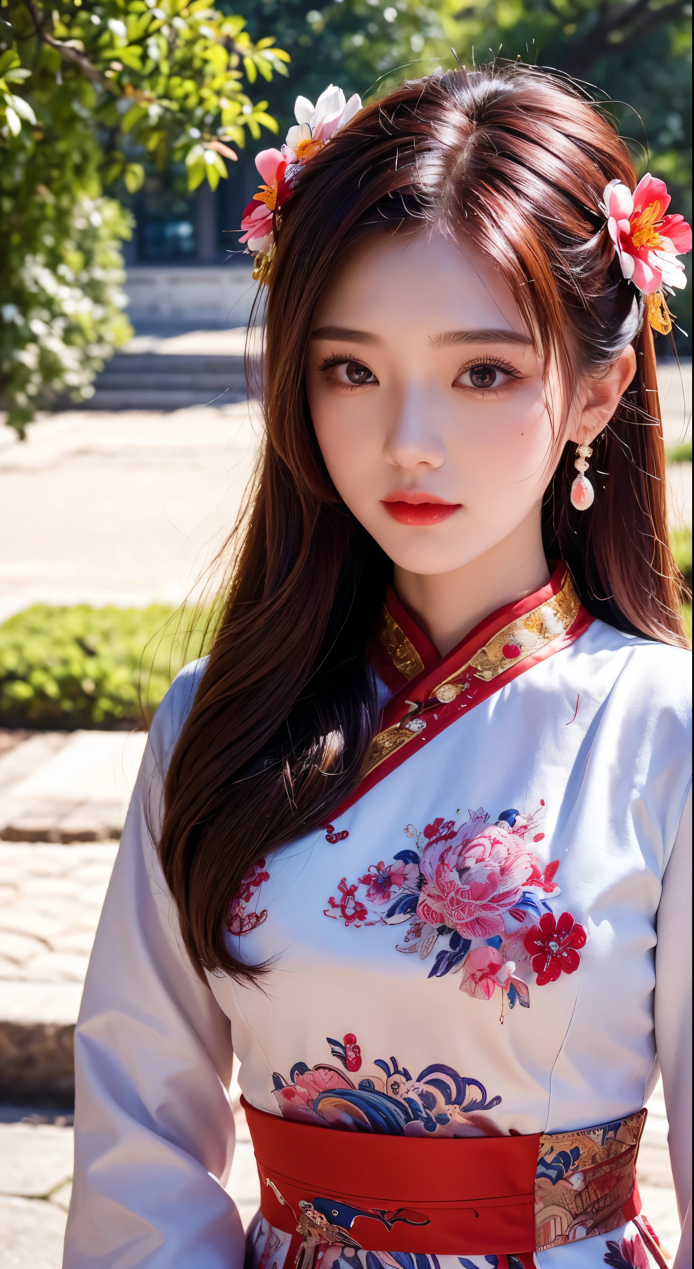 with high definition images，1girl,Upper Body,Facigirl,China dress,Chinese clothing,Hair Flower,(Masterpiece:1.4),(Highest quality:1.4),(Facial details),Red lips,Beholder's Perspective,Chestnut Hair，Parted lips，In the temple grounds。Bright sunshine