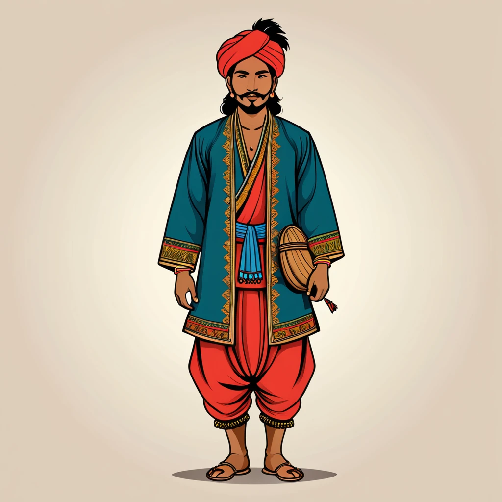 man in nepal folk outfit, vector graphics, strong contours

