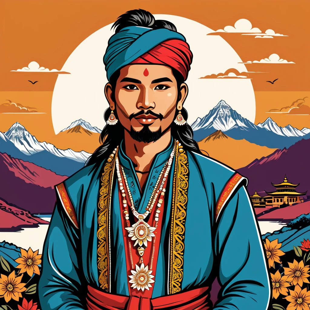 man in nepal folk outfit, vector graphics, strong contours