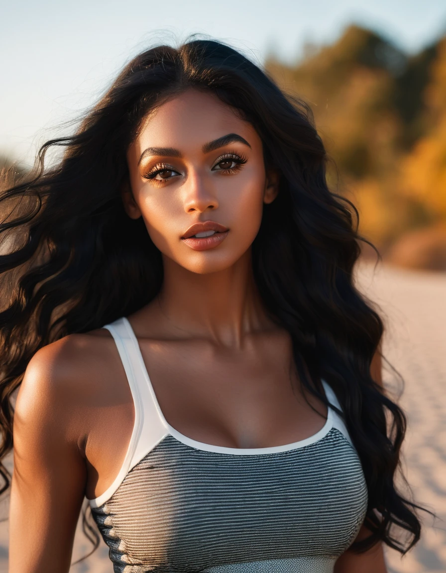 (best quality,4k,highres, highres face details), black long wavy hair, 21 years old, instagram model, 36DD breast, pretty face, dark makeup, fake lashes, natural lips, dark skin, she is skinny, athletic body, she is caucasian, golden hour, posing, sexy, sensual vibes, whole body image, playing football