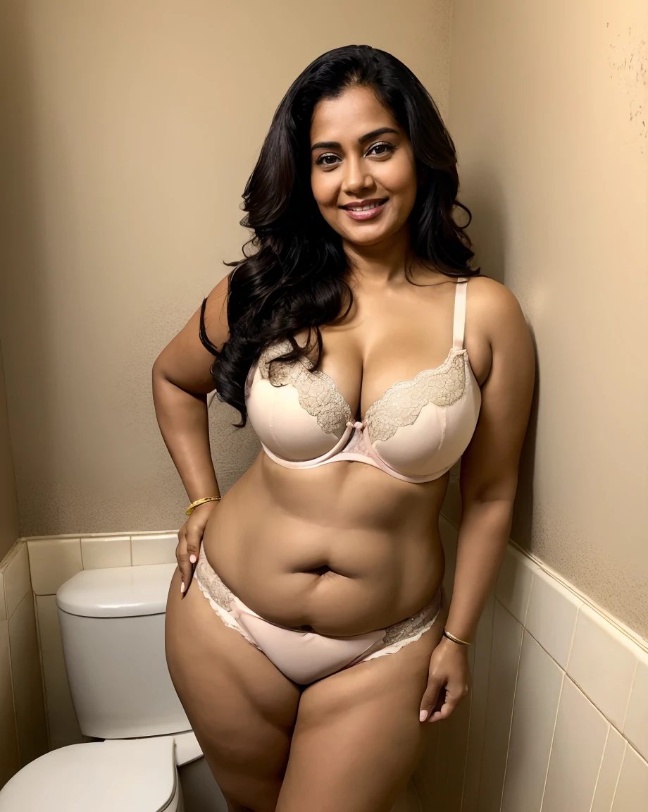 A beautiful gorgeous sexy plump Indian 45-year-old woman wearing bra panty, hot body curves, smiley face, standing on bathroom ,