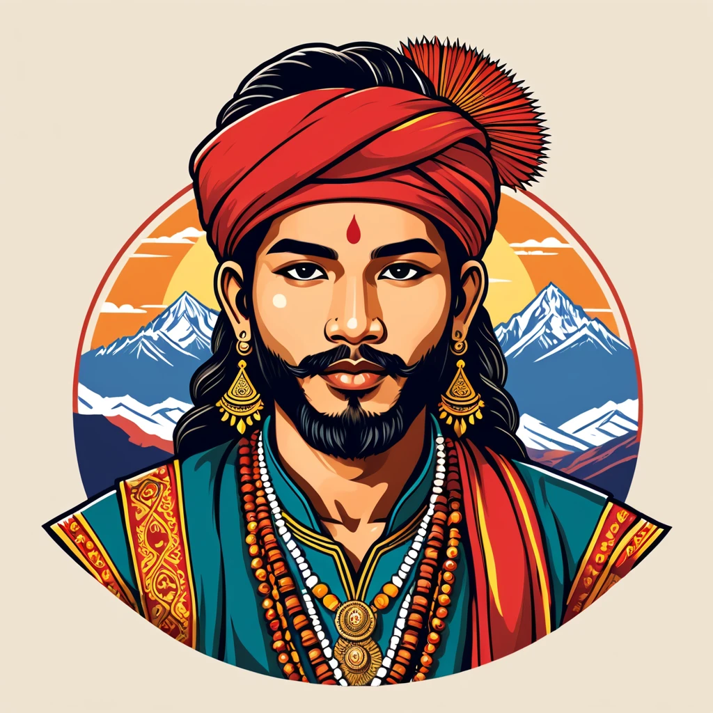 man in nepal folk outfit, vector graphics, strong contours