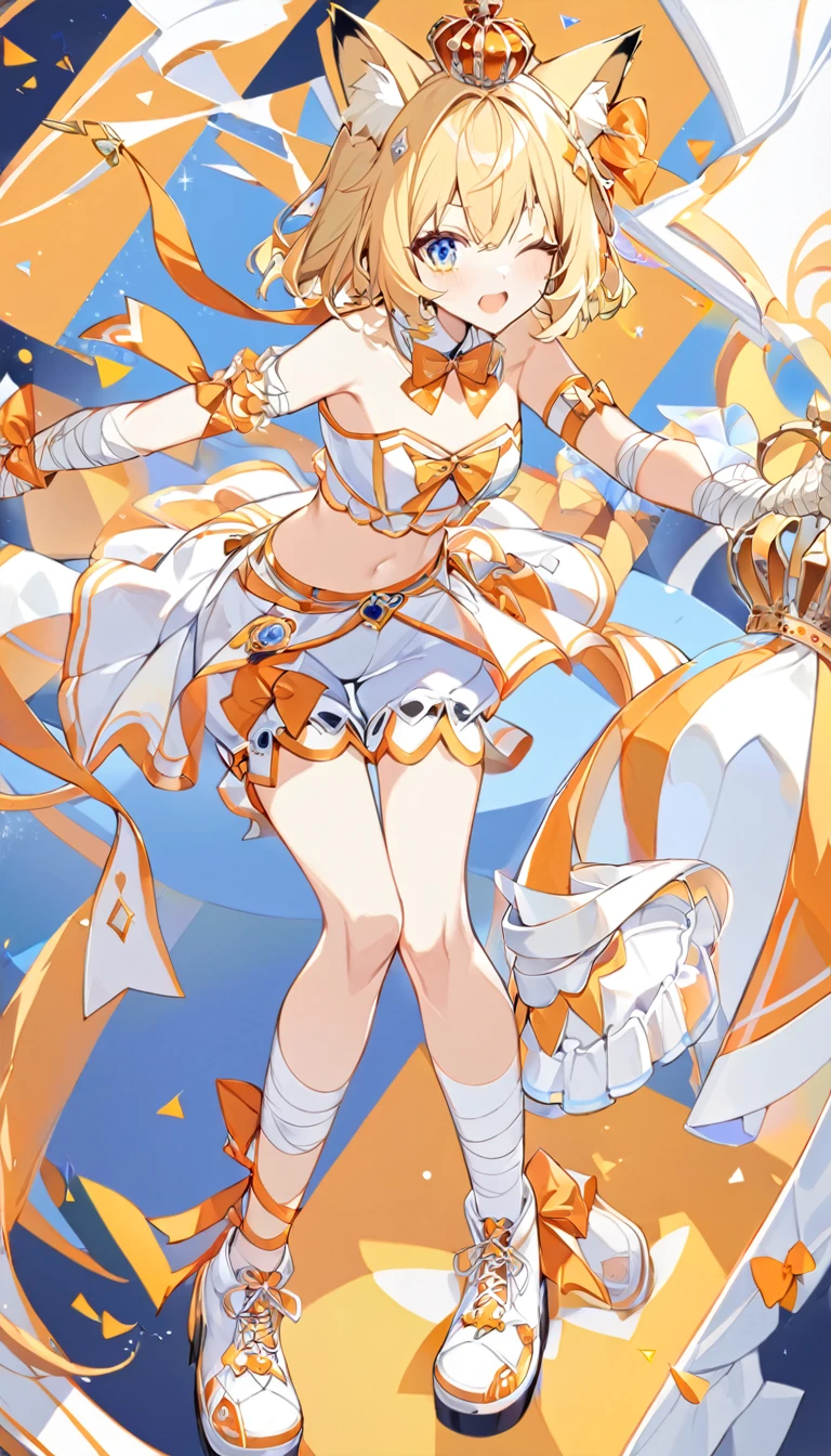 1girl, bare shoulders, bow, crop top, detached collar, open chest ,, frills, , orange bow, orange bowtie, orange ribbon, , strapless,one eye is blue the other is yellow,, bloomers, frills, lace, midriff, , bandaged arm, bandaged hand, bandages, short yellow hair, a crown with an orange diamond on the back of the head, two small tails on the sides heads, fox ears,orange round diamond on bangs,knee , ankle lace-up, ankle ribbon, bow, leg ribbon, lineart, sandalsfluffy tailLovely eyesall-white clothes, shorts,white shoes