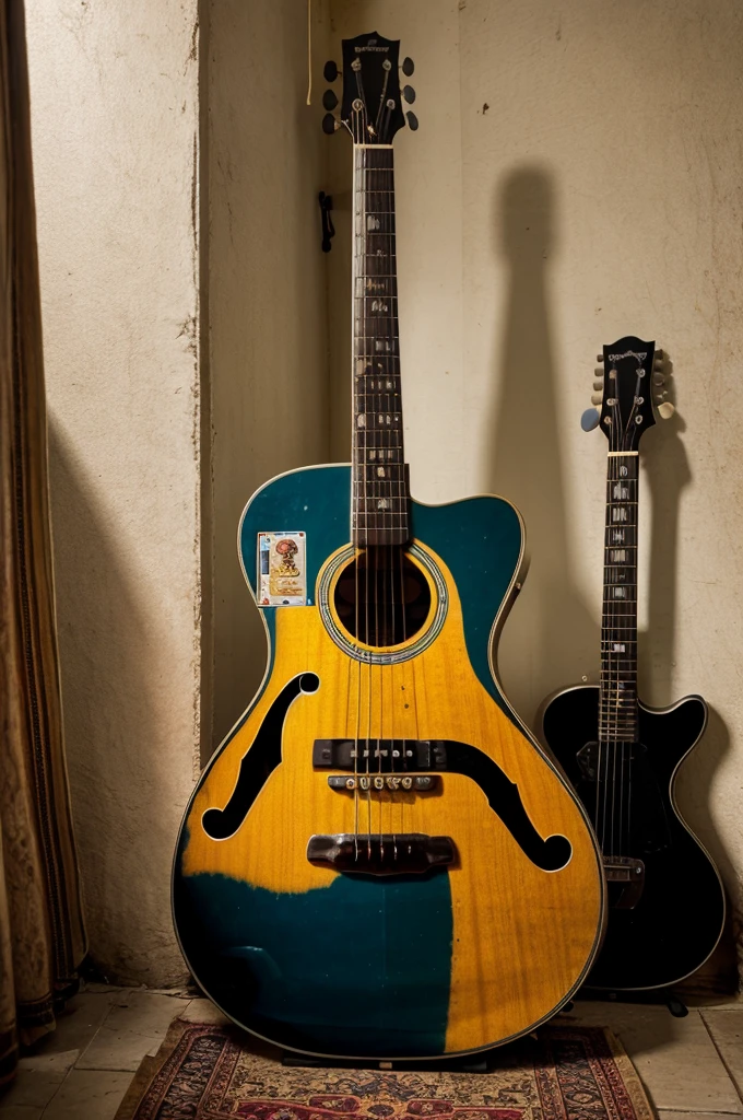 Imagen░ A mobile phone picture of a guitar at an Indian house, so ultra-realistic it feels like you're there. Capture the scene in stunning detail, with imperfections and digital noise for a true mobile phone aesthetic.