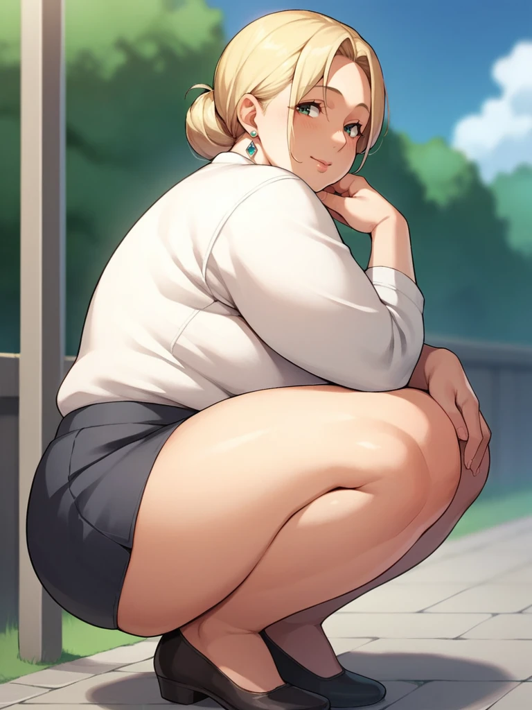 Score_9, score_8_up, score_7_up, source_anime, 1girl, solo, bbw, outdoors, pale, mature female, milf, wearing tantop and mini skirt, green eyes, blonde hair, crotch, thighs, squatting