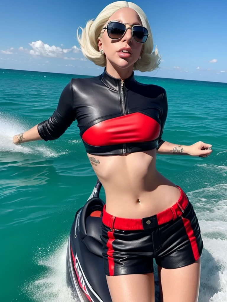 Lady gaga is wearing a crop top with a chest slit, red and black shorts, riding a jet ski, blue sea, white clouds