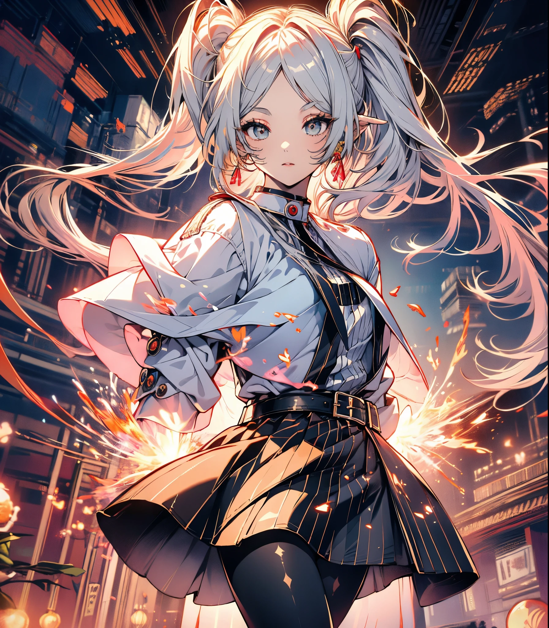 ((Highest quality)), ((masterpiece)), (detailed), Long Hair, Gray Hair, Twin tails, Pointed Ears, Earrings, Thick eyebrows, White capelet, Striped shirt, Long sleeve, belt, White Skirt, Black Pantyhose　High resolution　Holding a walking stick　magic circle　,freeze,Upper Body