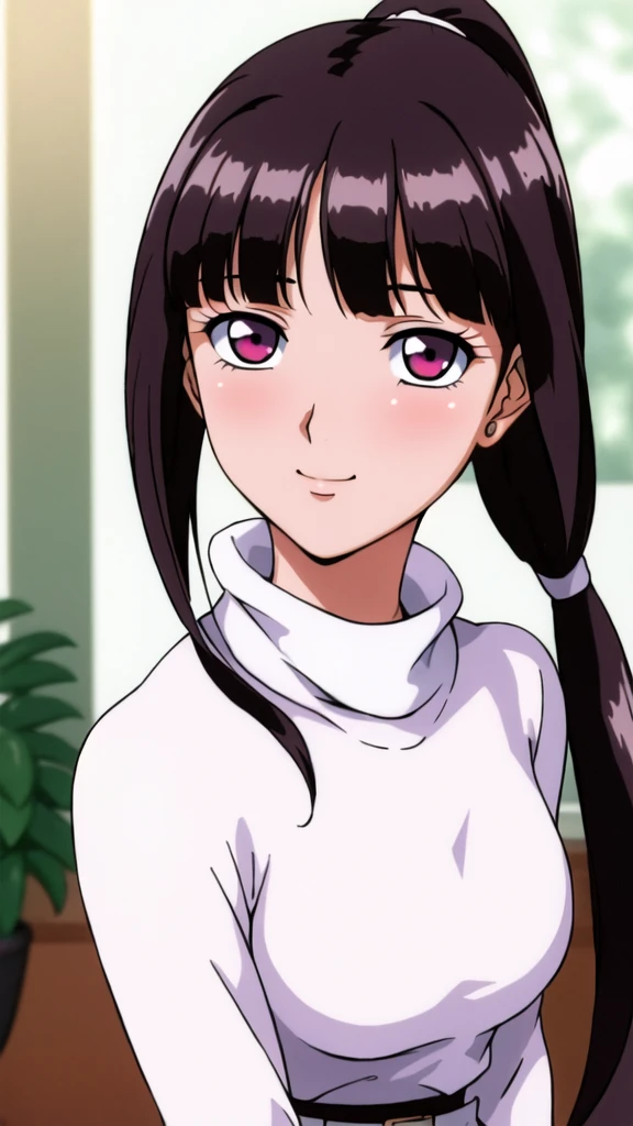 white turtleneck, black shirt,black long skirt,white belt,hair ornament, hair scrunchie,low ponytail,
long hair,bangs, black hair, blunt bangs,big red eyes,alone, 1 girl,Young female, 18 years old, very cute, smile, Beautiful Finger,Beautiful long legs,Beautiful body,Beautiful Nose,Beautiful character design, perfect eyes, perfect face,expressive eyes, looking at viewer, in the center of the image,(light_smile:0.5), official art, indoor, portrait, perfect lighting,Colorful, Bright_Front_face_Lighting,shiny skin, (masterpiece:1.0),(best_quality:1.0), ultra high res,4K,ultra-detailed, photography, 8K, HDR, highres, absurdres:1.2, Kodak portra 400, film grain, blurry background, bokeh:1.2, lens flare, (vibrant_color:1.2), (beautiful_face:1.5), (curvy body), ashamed, blushing,