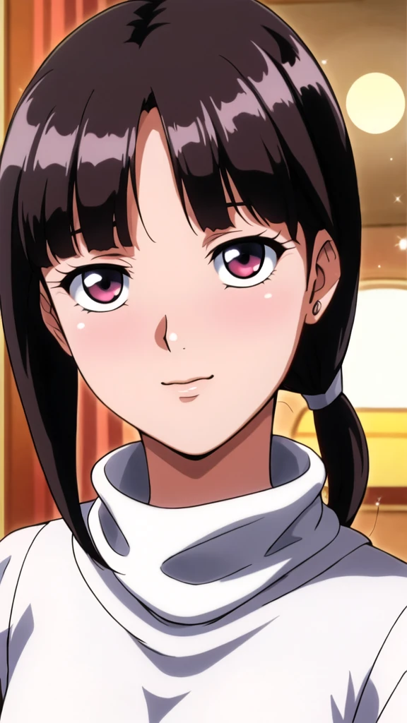 white turtleneck, black shirt,black long skirt,white belt,hair ornament, hair scrunchie,low ponytail,
long hair,bangs, black hair, blunt bangs,big red eyes,alone, 1 girl,Young female, 18 years old, very cute, smile, Beautiful Finger,Beautiful long legs,Beautiful body,Beautiful Nose,Beautiful character design, perfect eyes, perfect face,expressive eyes, looking at viewer, in the center of the image,(light_smile:0.5), official art, indoor, portrait, perfect lighting,Colorful, Bright_Front_face_Lighting,shiny skin, (masterpiece:1.0),(best_quality:1.0), ultra high res,4K,ultra-detailed, photography, 8K, HDR, highres, absurdres:1.2, Kodak portra 400, film grain, blurry background, bokeh:1.2, lens flare, (vibrant_color:1.2), (beautiful_face:1.5), (curvy body), ashamed, blushing,