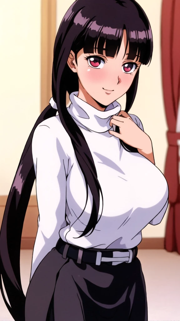 white turtleneck, black shirt,black long skirt,white belt,hair ornament, hair scrunchie,low ponytail,
long hair,bangs, black hair, blunt bangs,big red eyes,alone, 1 girl,Young female, 18 years old, very cute, smile, Beautiful Finger,Beautiful long legs,Beautiful body,Beautiful Nose,Beautiful character design, perfect eyes, perfect face,expressive eyes, looking at viewer, in the center of the image,(light_smile:0.5), official art, indoor, portrait, perfect lighting,Colorful, Bright_Front_face_Lighting,shiny skin, (masterpiece:1.0),(best_quality:1.0), ultra high res,4K,ultra-detailed, photography, 8K, HDR, highres, absurdres:1.2, Kodak portra 400, film grain, blurry background, bokeh:1.2, lens flare, (vibrant_color:1.2), (beautiful_face:1.5), (curvy body), ashamed, blushing,