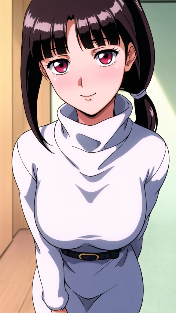 white turtleneck, black pencil skirt, suspender, white long skirt,white belt,hair ornament, hair scrunchie,low ponytail,
long hair,bangs, black hair, blunt bangs,big red eyes,alone, 1 girl,Young female, 18 years old, very cute, smile, Beautiful Finger,Beautiful long legs,Beautiful body,Beautiful Nose,Beautiful character design, perfect eyes, perfect face,expressive eyes, looking at viewer, in the center of the image,(light_smile:0.5), official art,extremely detailed CG unity 8k wallpaper, perfect lighting,Colorful, Bright_Front_face_Lighting,shiny skin, (masterpiece:1.0),(best_quality:1.0), ultra high res,4K,ultra-detailed, photography, 8K, HDR, highres, absurdres:1.2, Kodak portra 400, film grain, blurry background, bokeh:1.2, lens flare, (vibrant_color:1.2), (beautiful_face:1.5), (curvy body), ashamed, blushing,