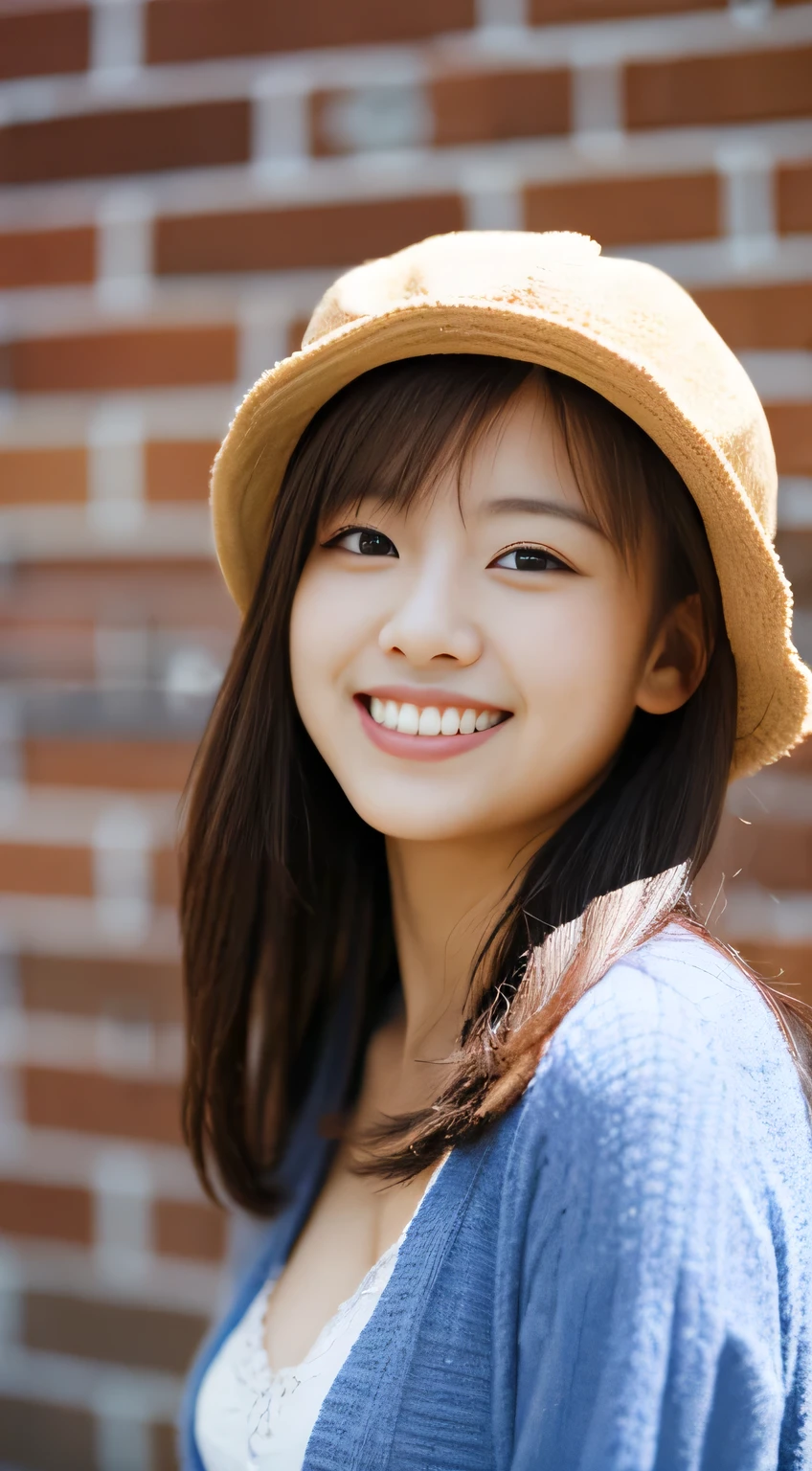 masterpiece,best quality,(Japanese ),((Beautiful girl)),cleavage,(perfect body beauty:1.2),(shy smile),beautiful teeth,(hat),(Blurred background of brick buildings),