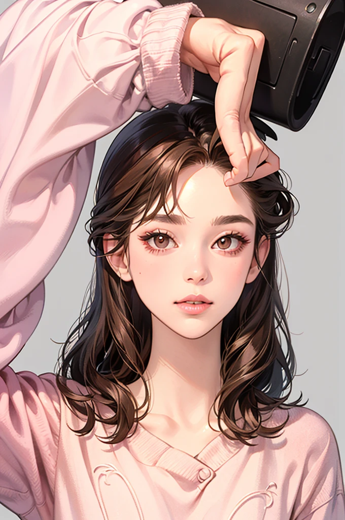 Girl, long straight brown hair, brown eyes, sharp features, white skin, pink lips, perfect, sweater