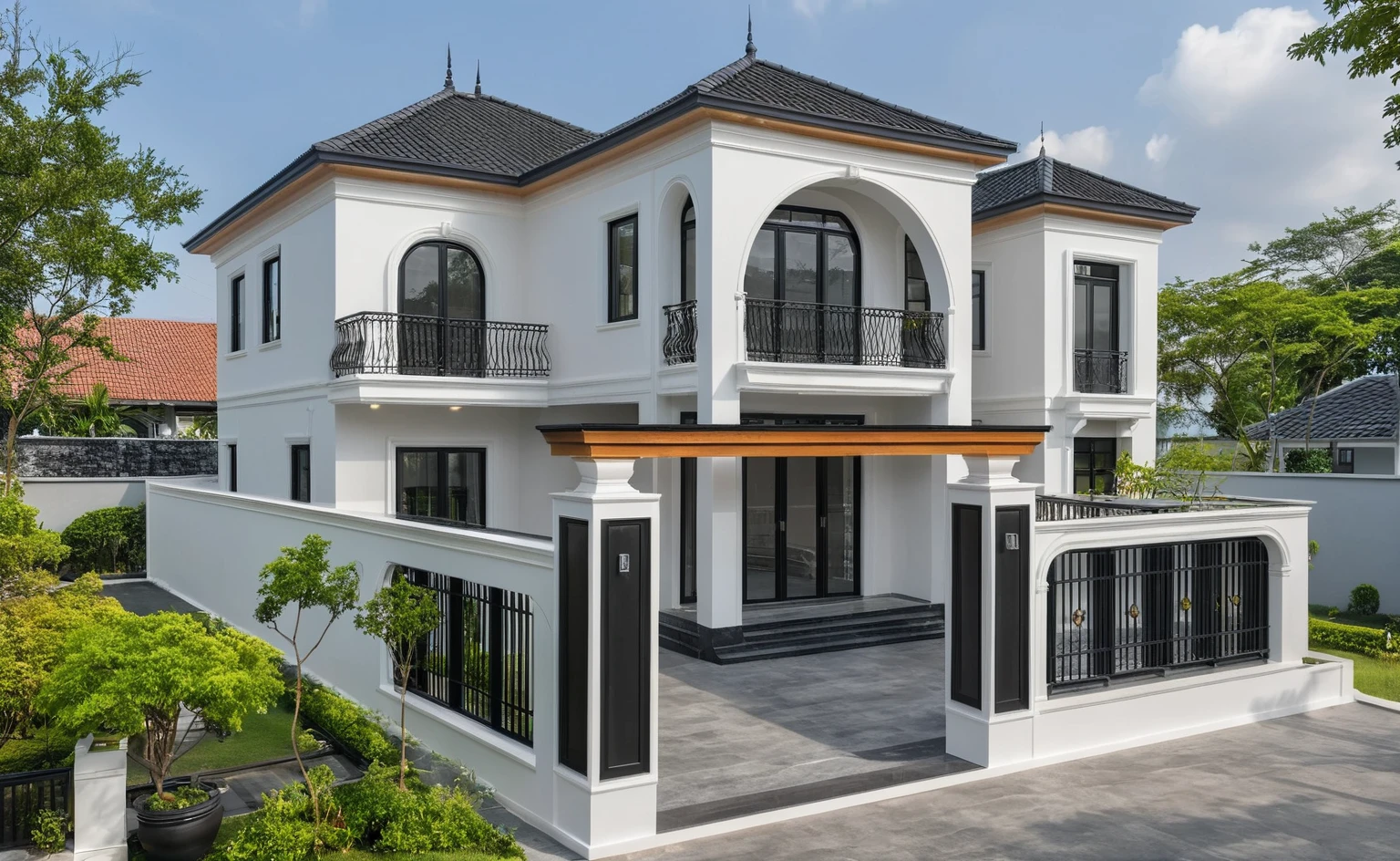 (masterpiece:1.2), best quality, photo of A two-story modern house in VietNam with white walls and dark tiles on the roof., tree and plant environment,black detail and (wooden ceiling:1.2), daylight, streetcapes, natural light, vivid color, The exterior of an elegant single family home features large windows, a dark gray door frame.