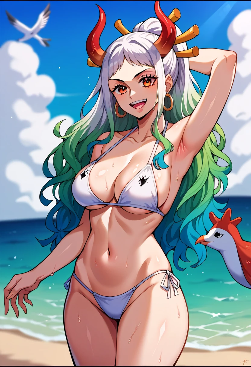 score_9,score_8_up,score_7_up,score_6_up, yamato \(one piece\), 1girl, solo, multicolored hair, jewelry, earrings, hair ornament, curled horns, long hair, oni, smile, rope, breasts, hair stick, blur background, open mouth, hoop earrings, bare shoulders, simple background, (Flowing hair:1.5), masterpiece, best quality, highres, extremely detailed face, highly detailed eyelash, highly detailed eyes, beautiful fingers, elegant, elegant face, sexy body, large breasts, perfect round breast, beach umbrella, bikini, black border, breasts, cloud, day, dove, letterboxed, looking at viewer, navel, ocean, sand, seagull, POV, standing, arm up, sky, smile, solo, starfish, swimsuit, water, watercraft, wet, white,