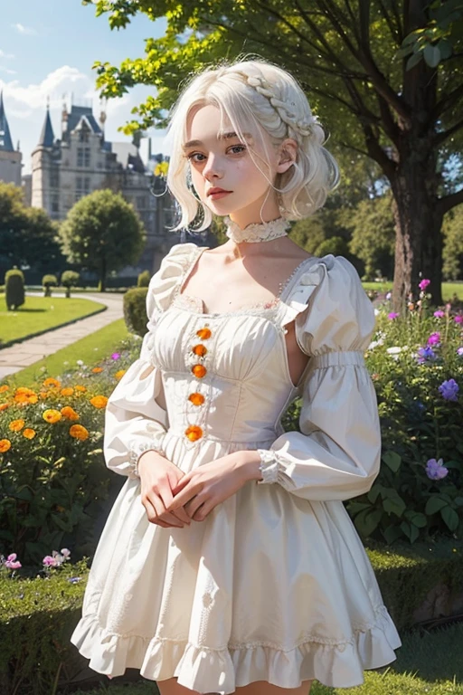 a 20 year old girl, with , He has short, curly white hair.. she is very pretty, with Slavic skin and freckles, and she is wearing a long orange dress from the Victorian era. It is located in the garden of a castle,