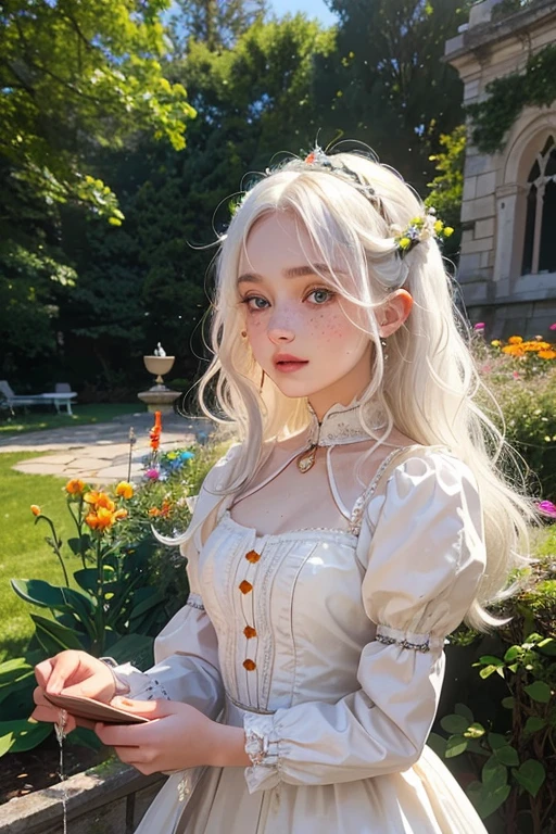 A young girl of 20 years, with , He has short, curly white hair.. she is very pretty, with Slavic skin and freckles, and is wearing a short orange princess dress from the Victorian era. It is located in the garden of a castle,