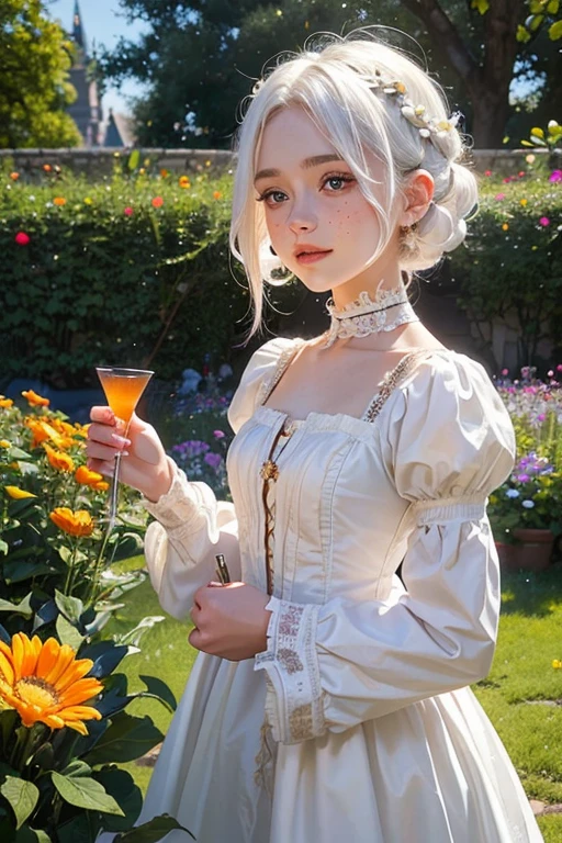 A young girl of 20 years, with , He has short, curly white hair.. she is very pretty, with Slavic skin and freckles, and is wearing a short orange princess dress from the Victorian era. It is located in the garden of a castle,