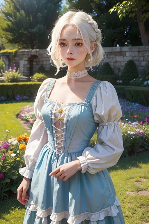 A young girl of 20 years, with , He has short, curly white hair.. she is very pretty, with Slavic skin and freckles, and is wearing a short orange princess dress from the Victorian era. It is located in the garden of a castle,